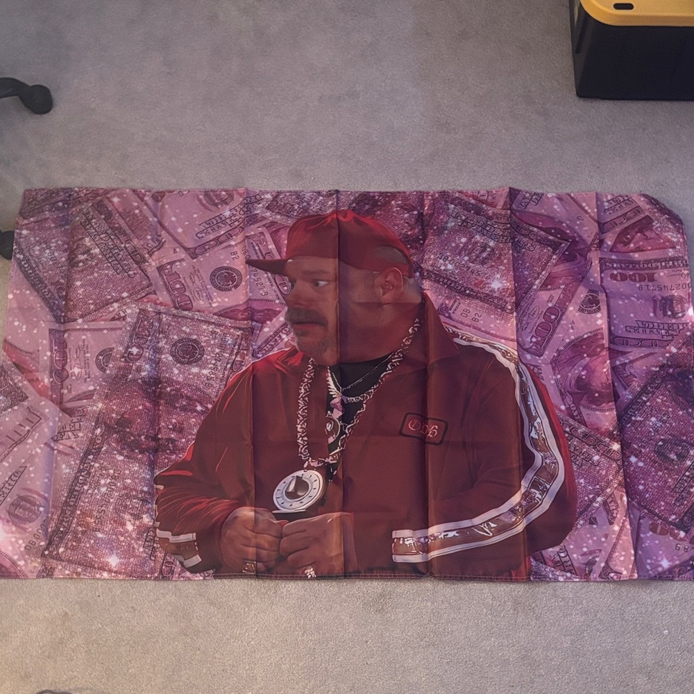 Red Graphic Wall Tapestry with Portrait and Money Print